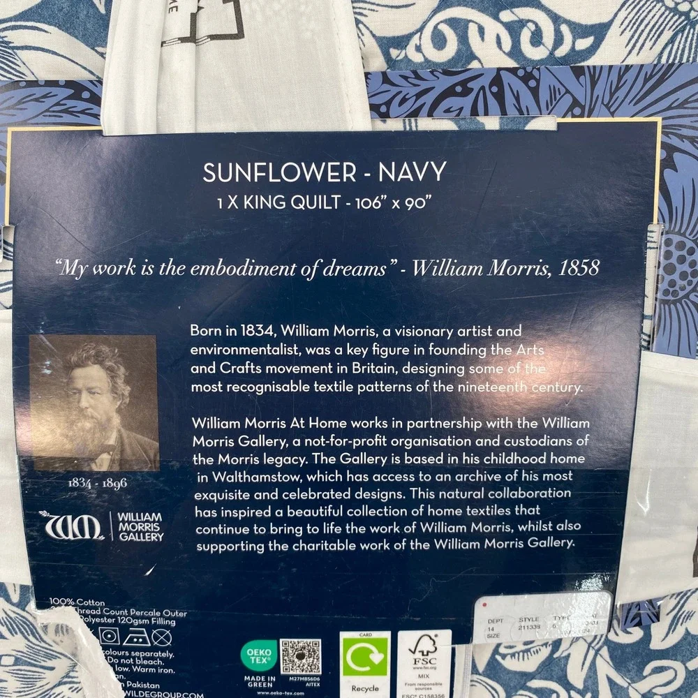 William Morris At Home Quilt King Navy Blue Sunflower Floral Cotton Bedspread